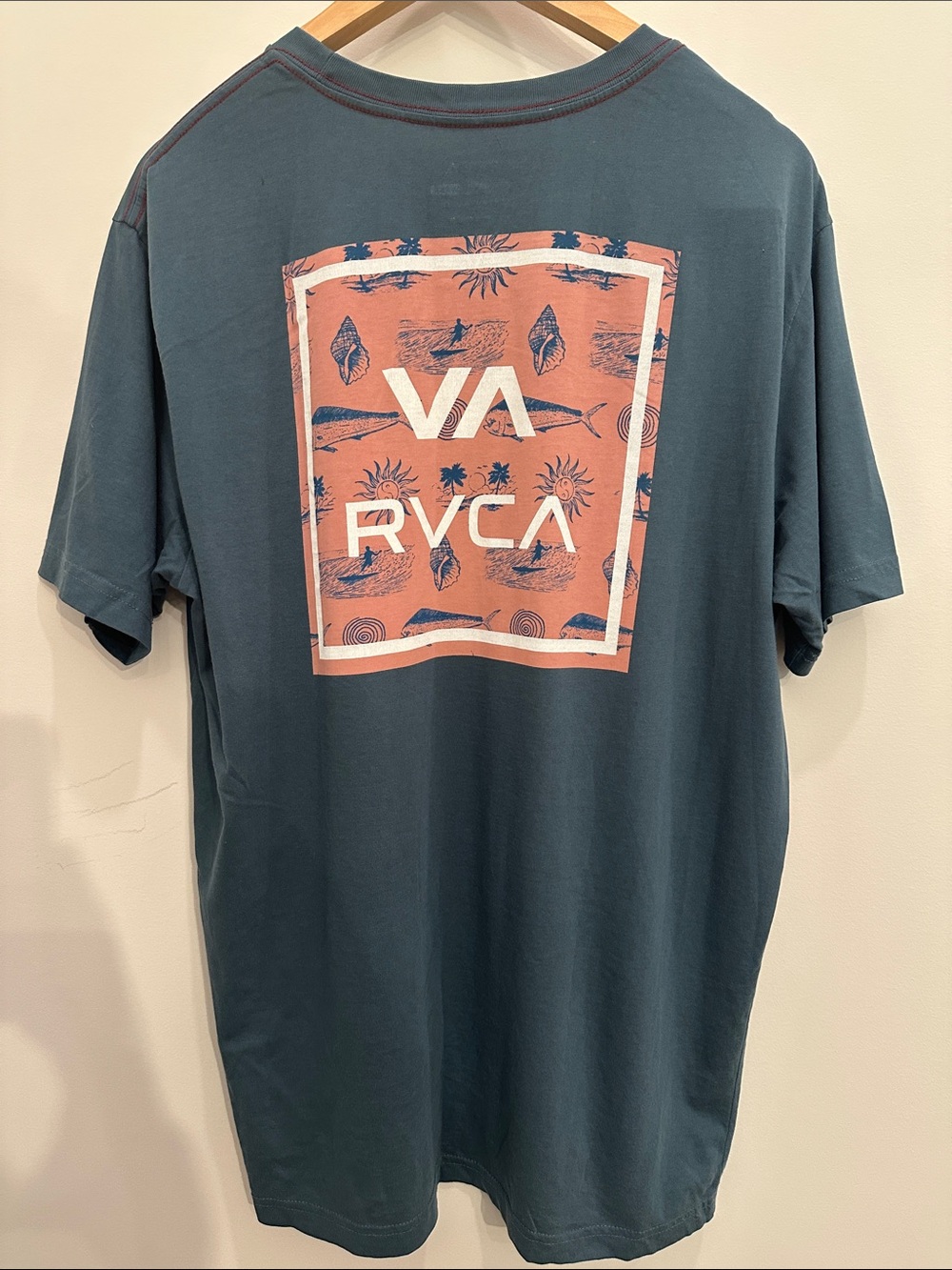 RVCA Short-Sleeve Tee in Slate Blue with Coral Graphic